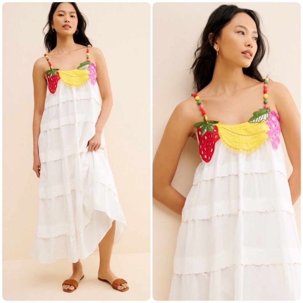 New! FARM Rio Embroidered Fruits Richelieu Cotton Maxi Dress 🍓🍇🍉 Medium - Picture 2 of 16